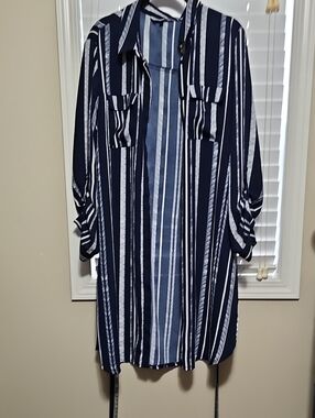 Navy and White Striped Longline Blazer Jacket